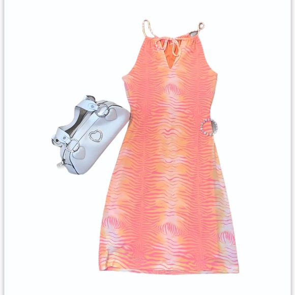 Y2K GUESS Animal Print Split Neck Mini Dress Sunset Orange Pink S Cocktail Party - Picture 6 of 16